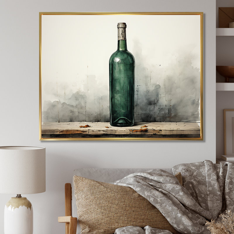 Vert minimaliste bouteilles de vin Silhouette III - art mural vin, H 16 po x l 32 po x P 1 po, Cadre flottant doré