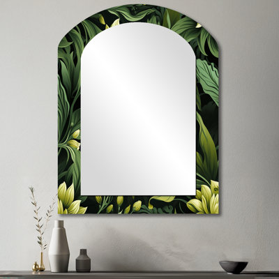 «Senga Tropical Green Jungle Damask», miroir décoratif asymétrique tropical, miroir mural arqué tropical, impression d'art en métal