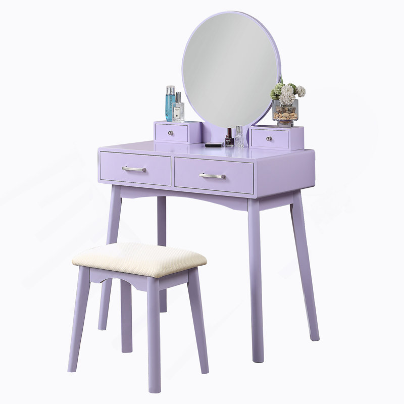 Contemporary Wood Vanity And Stool Set, Purple
