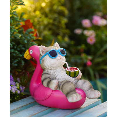 Cat Lying Flamingo Solar Statue