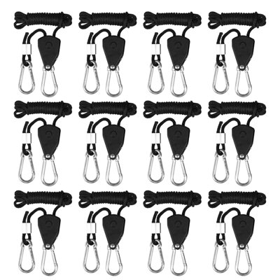 Porte-corde ajustable 6 paires de 1/8 de pouce, crochets de lumière avec engrenages en métal renforcé, capacité de poids de 8 pi et capacité de poids de 150 lb pour lampe de croissance, ventilateur en ligne et filtres, noir