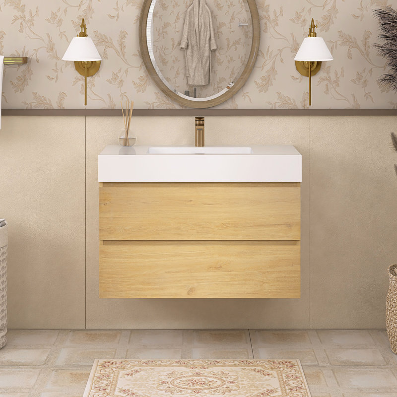 Meuble-lavabo simple 35,8 po avec surface solide Sibin, Blanc, Chêne