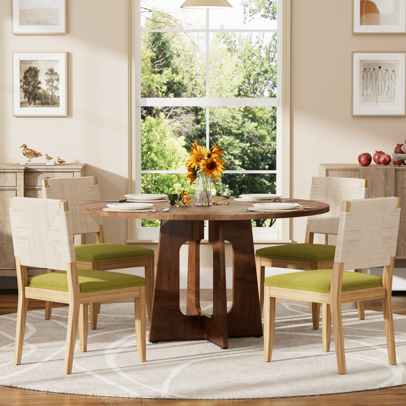 47.24" Ancient  Round MDF Dining Table with 4/6 Woven Linen Chairs, Farmhousefor Kitchen Dining Room Living Room, Walnut