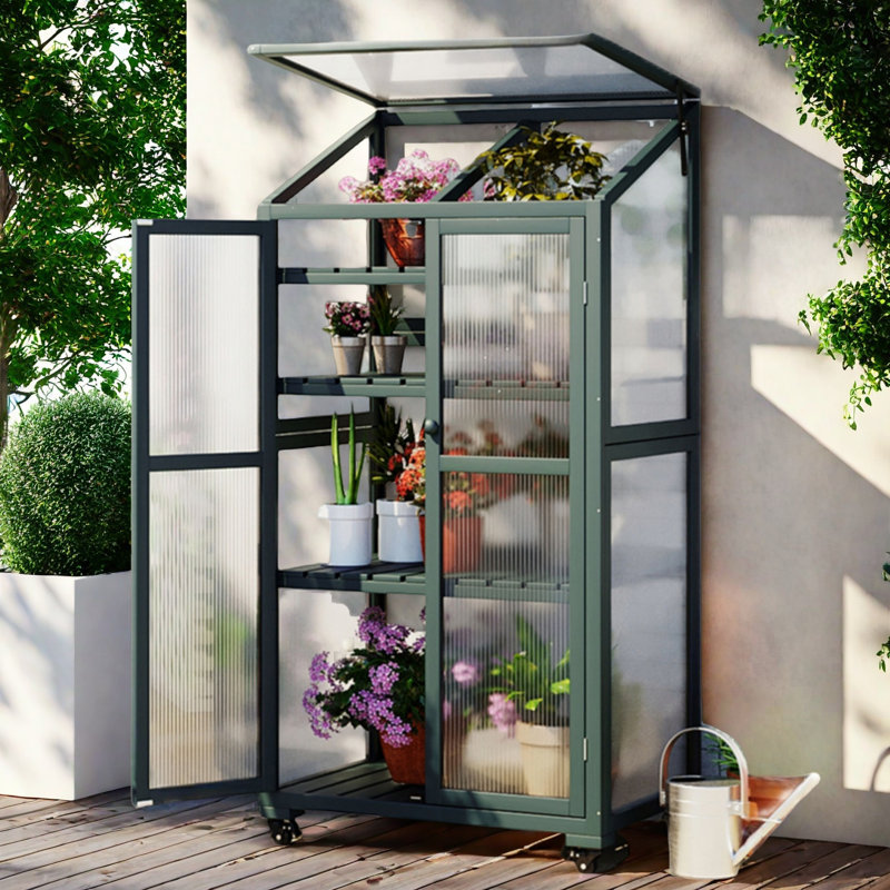 Height Wood Large Greenhouse Balcony Portable Cold Frame With Wheels, Adjustable Shelves And Openable Roof