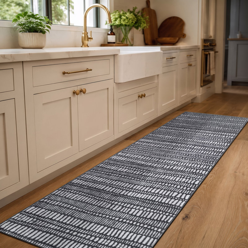 Tapis d'intérieur antidérapant à rayures anthracite, lavable à la machine, 2 pi x 6 pi