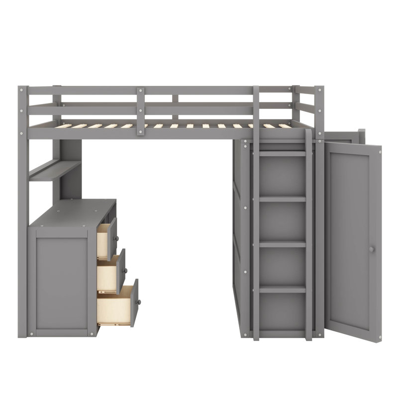 Lit mezzanine avec tiroirs, bureau et garde-robe, Gris