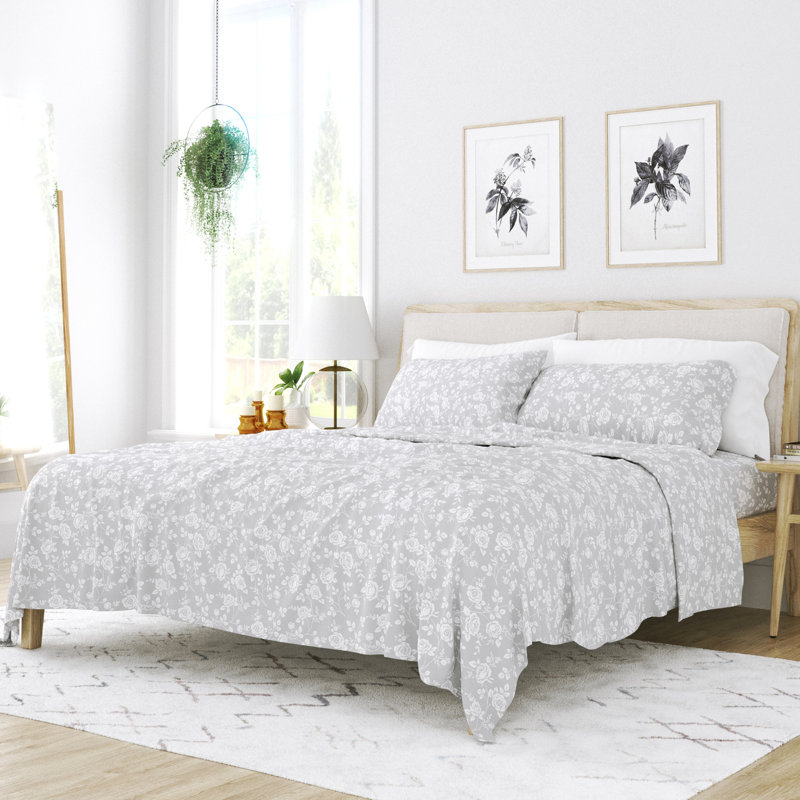 Twin Light Gray Rose Print Cotton Microfiber Sheet Set