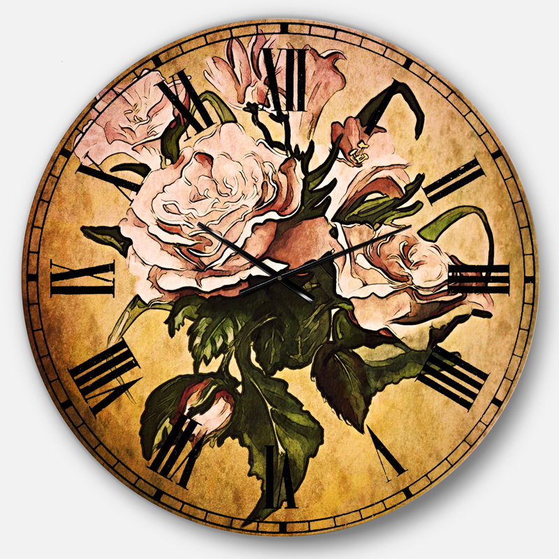 Rose rose avec feuilles aquarelle - horloge murale traditionnelle, Surdimensionné