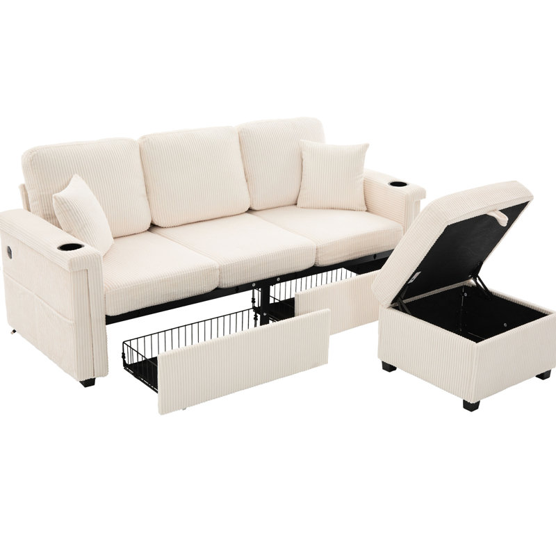 Velours côtelé en forme de L avec 4 sièges, rangement, porte-gobelets et éclairage d'accoudoirs pour un confort confortable