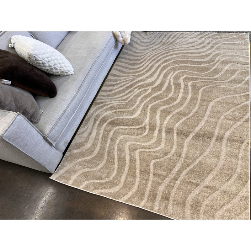 Cozy Mocha Waves: Tapis abstrait beige ton sur ton - Nude 24, Rectangulaire 8 pi x 11 pi