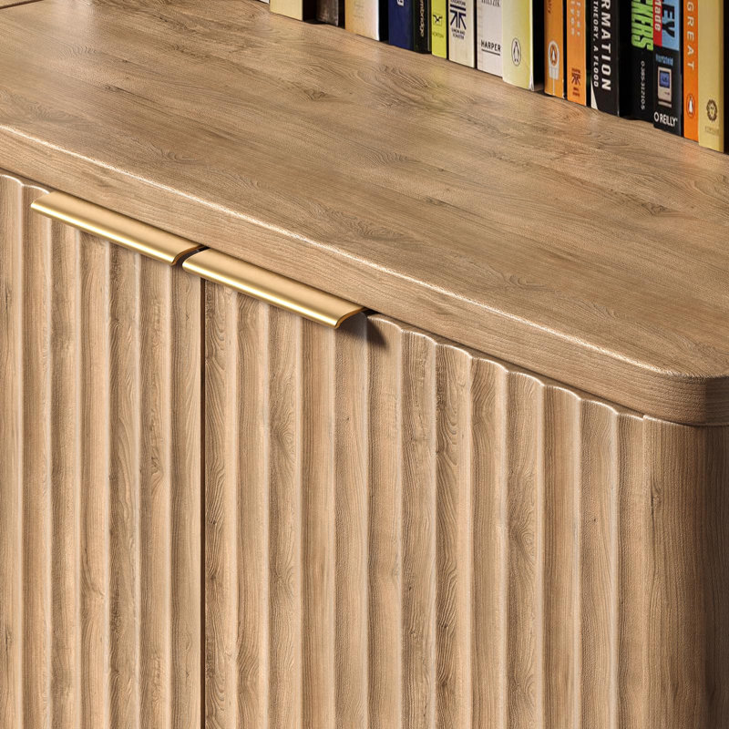 71" Oak Bookcase With Doors, 5-tier Fluted Tall Bookshelf With Storage For Home Office, Living Room, Beige