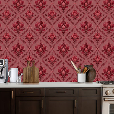 Peel and Stick Wallpaper Elegant Red Floral Damask Pink Contact Paper Removable Self Adhesive Wall Mural Wall Decor for Bedroom Kitchen Cabinets 24in x 118in