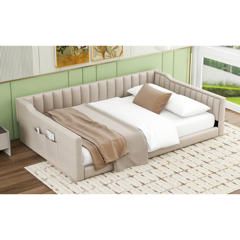 Beige Upholstered Full Xl Daybed With Side Storage - Comfortable And Stylish For Guest Area No Box Spring, Easy Assembly Process In Velvet Modern Chic Rooms Spring Needed,