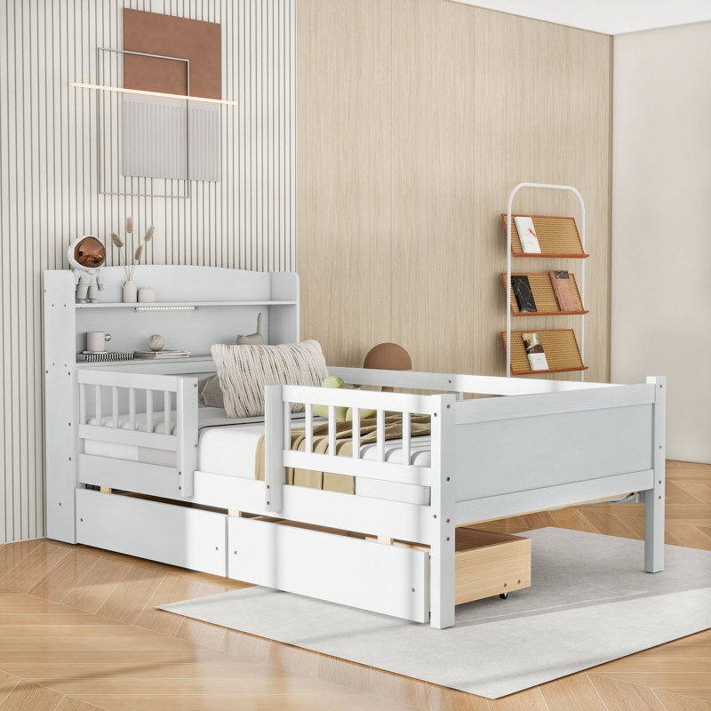Lit plateforme simple en bois 2 tiroirs avec éclairage à DEL, tête de lit avec rangement et ports de chargement, Blanc