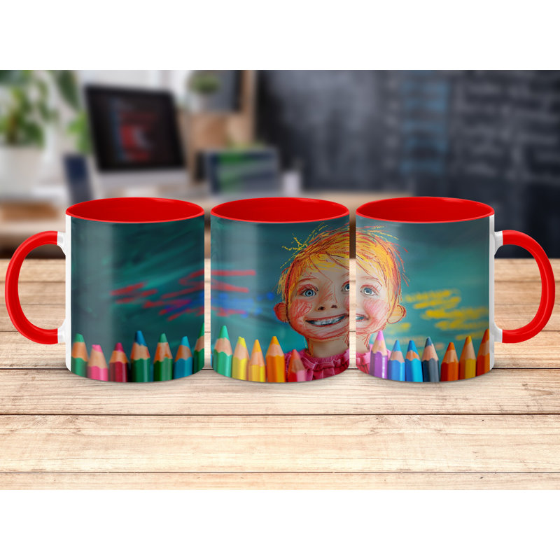 Kids Drawing Style 11oz Accent Mugs – Ceramic Coffee Cup with a Red Handle and Interior