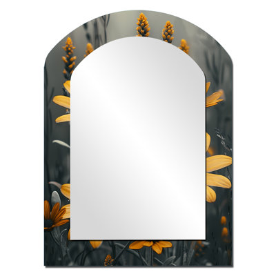 Jaune jaune, charme rétro, fleurs sauvages - miroir décoratif arche Wildflowers, grand miroir mural asymétrique traditionnel, impression d'art en métal