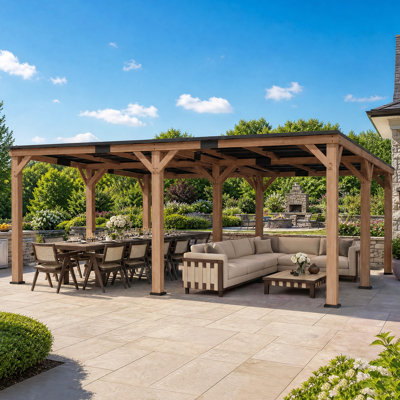 Érable 20 pi x 20 pi Pavillon de jardin en bois de cèdre de qualité supérieure avec toit en acier galvanisé à toit rigide en pente, avec rangement, causeuse, carports, mariage et barbecue