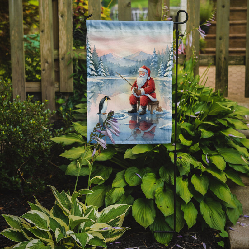 Père Noël pêchant sur la glace sur le lac, drapeau du jardin de Noël, Taille du jardin, Père Noël pêchant sur le lac