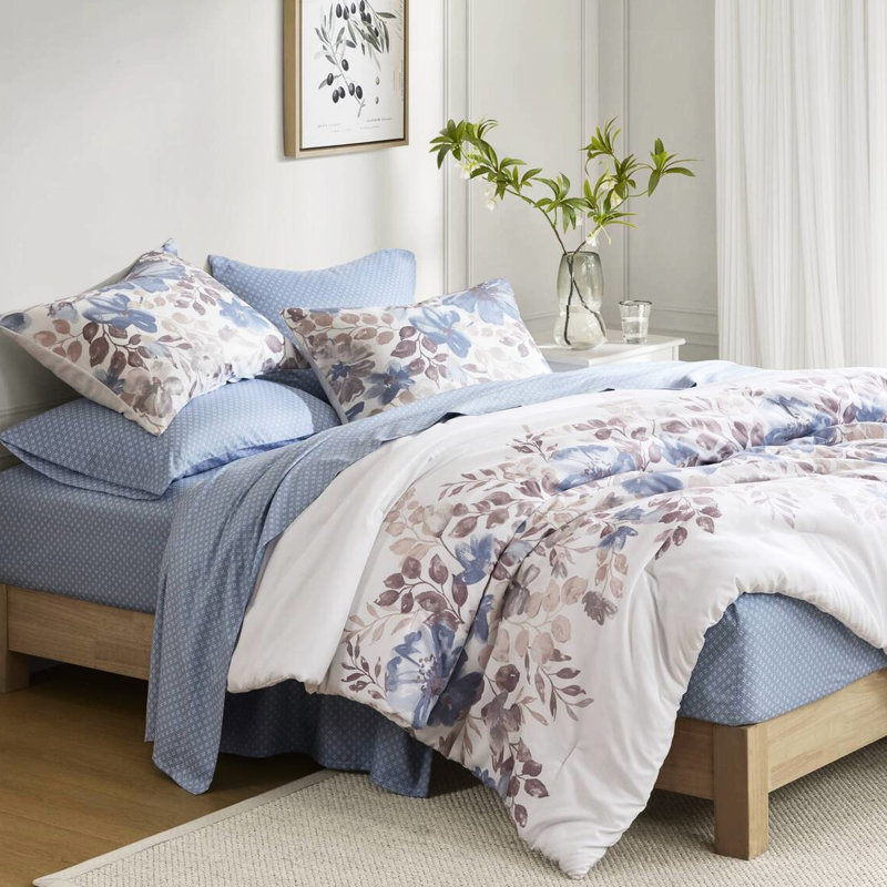 Literie à motif floral grand bleu avec édredon et draps, microfibre douce, aquarelle, pour matelas de 16 po, lit lavable à la machine et brossé