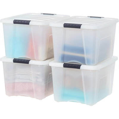 40 QT Plastic Storage Box With Lid And Latches - 4 Pack - BPA-Free, Discreet Organizing Solution, Durable Nestable Stackable Containers, Secure Pull Handle