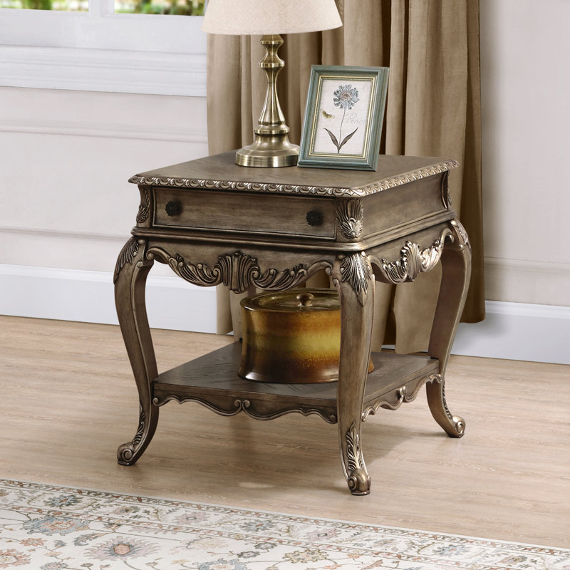 Vintage Oak Rectangular End Table with Ornate Carvings