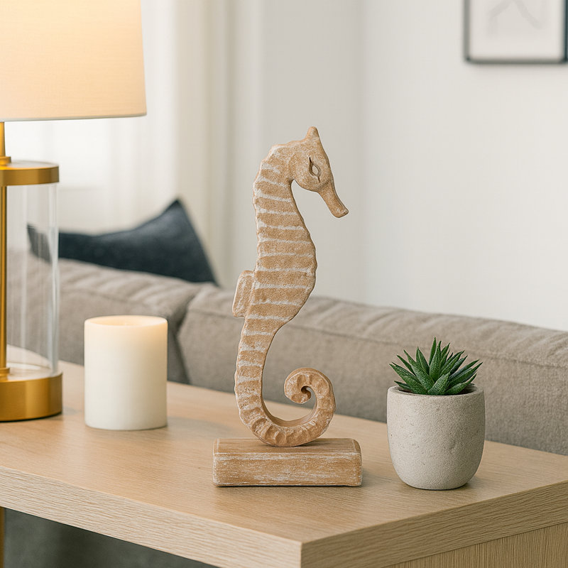 Awanda Decorative Wooden Seahorse Figurine Sculpture for Home Decor - Coastal Rustic Statue Accent for Office Display or Living Room Decoration - White & Brown