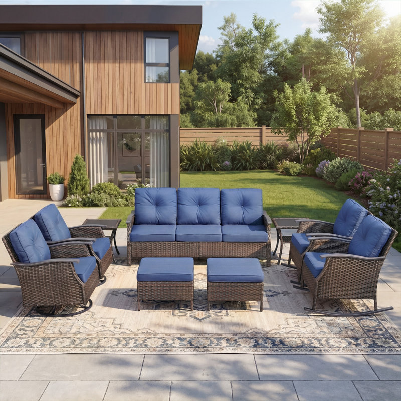 9-Piece Outdoor Rattan Garden Party Family Conversation Set With Swivel Chairs And Rocking Chairs