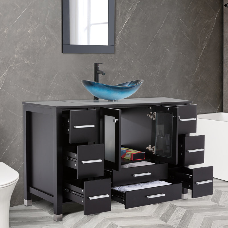 Meuble-lavabo simple 48 po avec plateau Graycelyn, Noir, Bleu