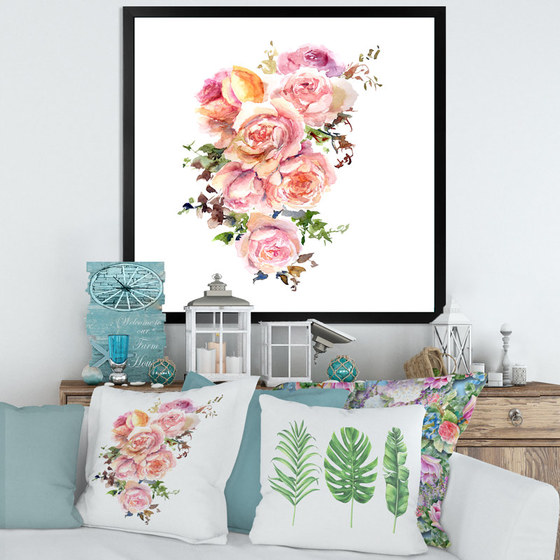 Fleurs roses, peinture sur toile, H 16 po x l 16 po x P 1 po, Cadre photo noir