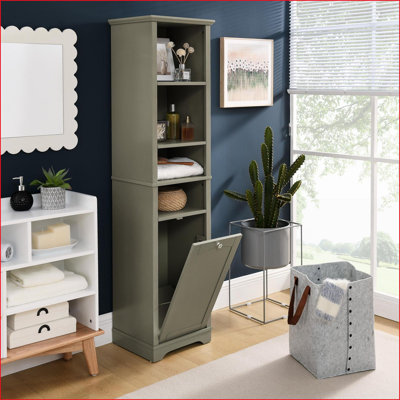Cabinets with 4 Adjustable Shelves & Laundry Hamper, 15.8"D x 13.8"W x 63.8"H Slate Gray Small Space Storage | Minimalist | MDF by Latitude Run