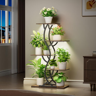 Plant Stand Indoor With Grow Lights 44" Tall Corner Plant Stands 5 Tiered Metal Plant Shelf Curved Plant Flower Holder Dispaly Rack (Black)