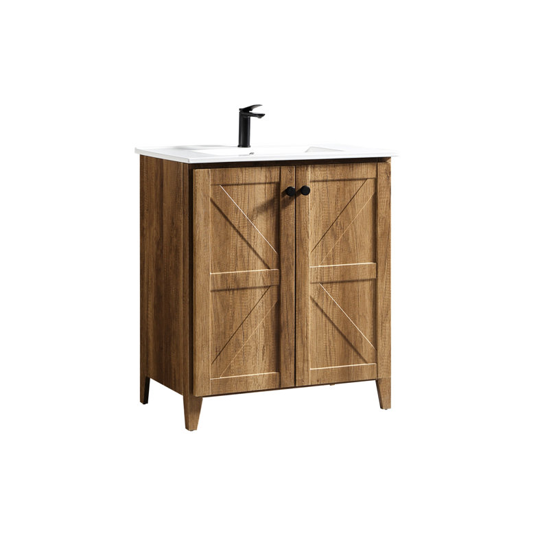 Armoire de plancher pliante en chêne doré de 30 pouces avec évier - Assemblage rapide et facile, solution de salle de bain compacte, panneau à faible teneur en formaldéhyde, empreinte digitale - mat, charnières silencieuses, aspect 3D, capacité de rangement pliable