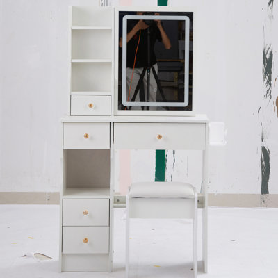 29.2" Left Drawer Desktop Vanity Table With Cushioned Stool, 2 AC With 2 USB Power Station, Hair Dryer Bracket, Touch Control Sliding LED Mirror, Tri-Color Switching, Brightness Adjust