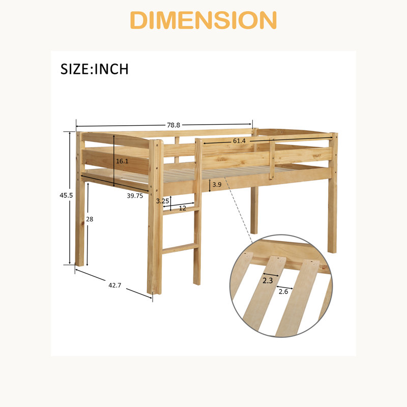 Lit simple mezzanine en bois Lit mezzanine bas avec échelle, Noyer