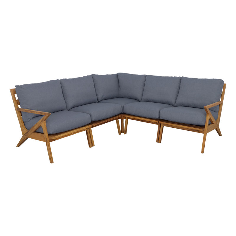 85" Wide Outdoor Teak Patio Sectional with Cushions, Gray