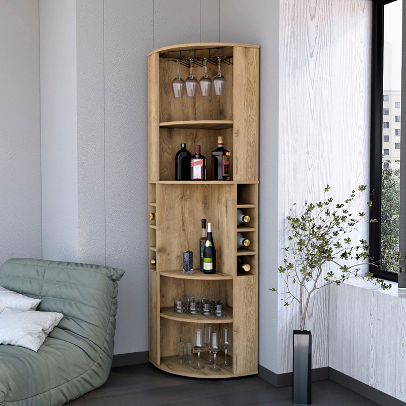 Aumuller Corner Bar Cabinet - 5 Shelves For Organized Living Natural Wood, 8 Wine Bottle Holders 5 Storage Room Essential Brown Finish, 13