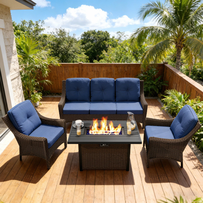 4-piece Modern Outdoor Wicker Patio Conversation Set With 50,000 Btu 43" Gas Fire Pit Table & Csa Certification, Blue