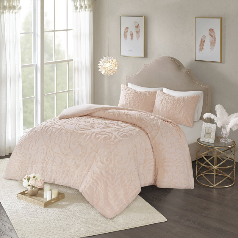 Blush Tufted Cotton Chenille Medallion Duvet Cover Set