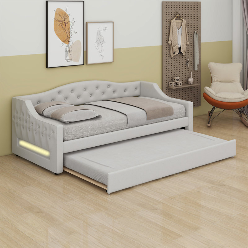Upholstered Daybed With LED Belt And Trundle, White