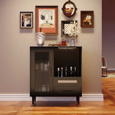 Meuble-bar à vin moderne autoportant – Buffet noir avec porte en verre trempé, tiroirs et casier à vin pour salle à manger, cuisine, coin café ou présentoir à spiritueux, couleur : noir