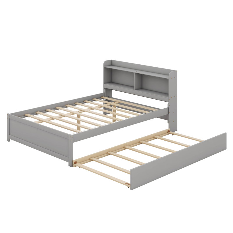 Lit plateforme double avec tête de lit bibliothèque et lit gigogne, base de lit en bois moderne avec tablette de rangement