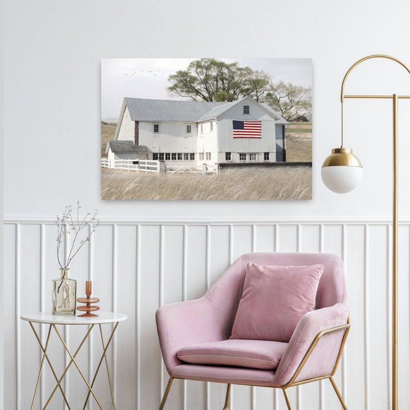 Patriotique grange, paysage contemporain abstrait, art d'été, H 24 po x l 36 po