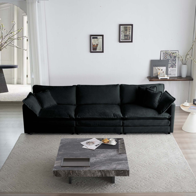 Canapé 3 places Mid-Century moderne avec 2 accoudoirs et 3 coussins décoratifs, H 33 po x l 111,5 po x P 35 po, 3, Noir