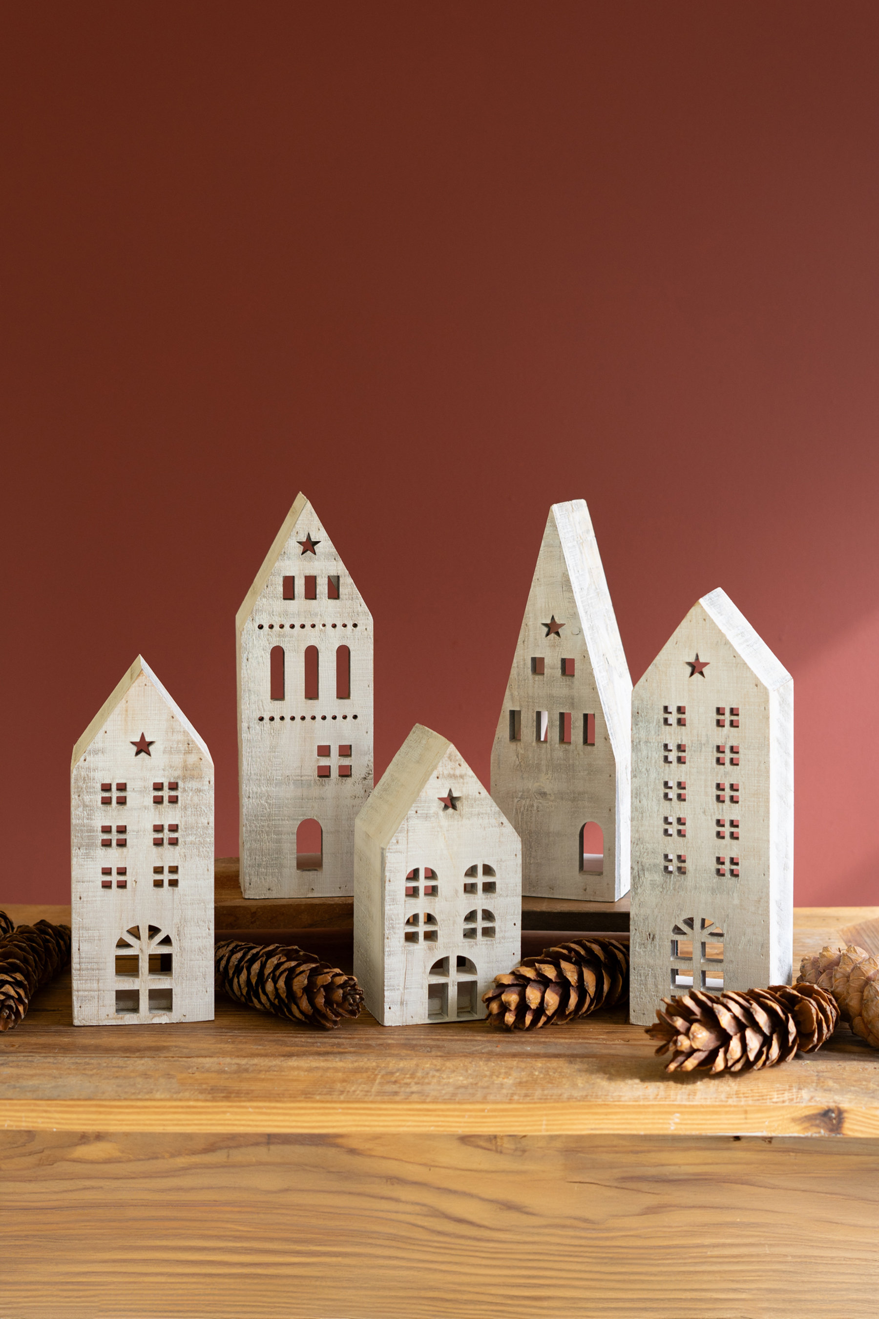 The Holiday Aisle® SET OF FIVE WOODEN VILLAGE - WHITEWASH | Wayfair