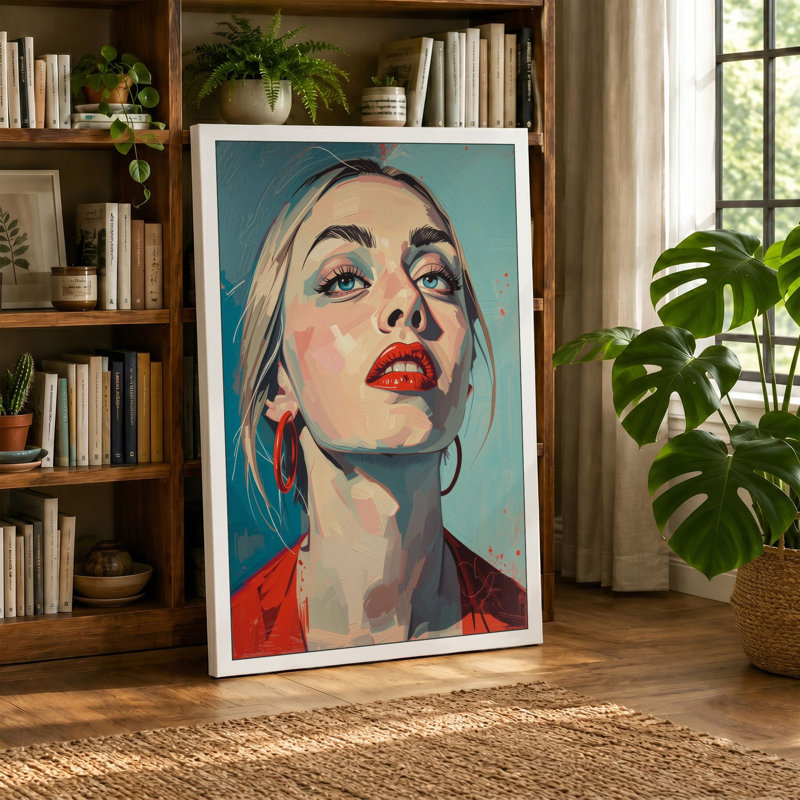Woman in Red Modern - Wrapped Canvas, 36x24 - 91.4 x 61.0 cm, Teal Border