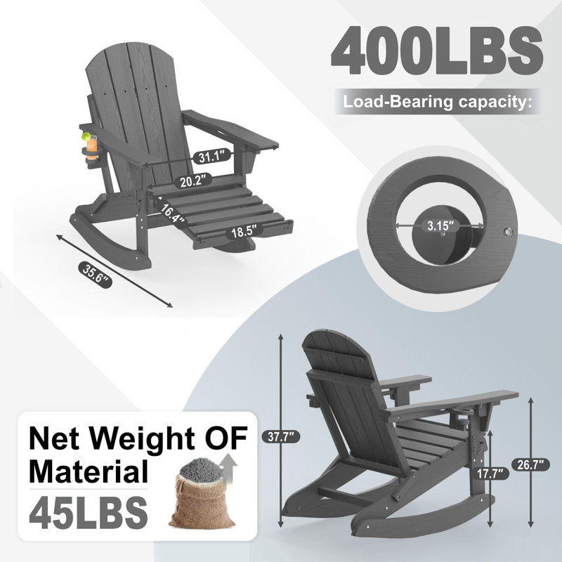 4-in-1 Multifunctional Folding Adirondack Rocking Chair with Retractable Ottoman, Gray