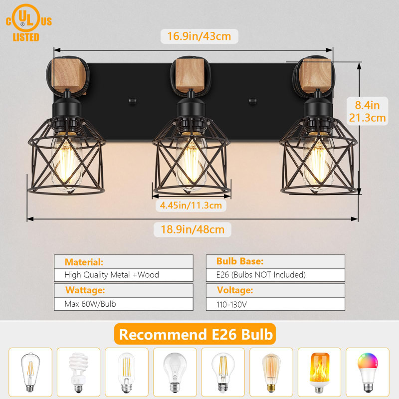 3-Light Farmhouse Vanity Light For Bathroom, Wood Bathroom Light Fixtures Over Mirror, Industrial Black Vanity Light With Metal Lampshade