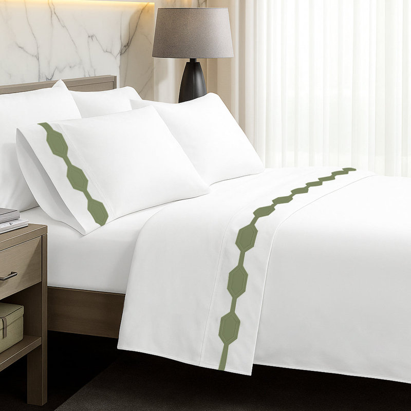Hexagonal Applique Border Cotton Sheet Set, Full Sheet Set, Sage Border