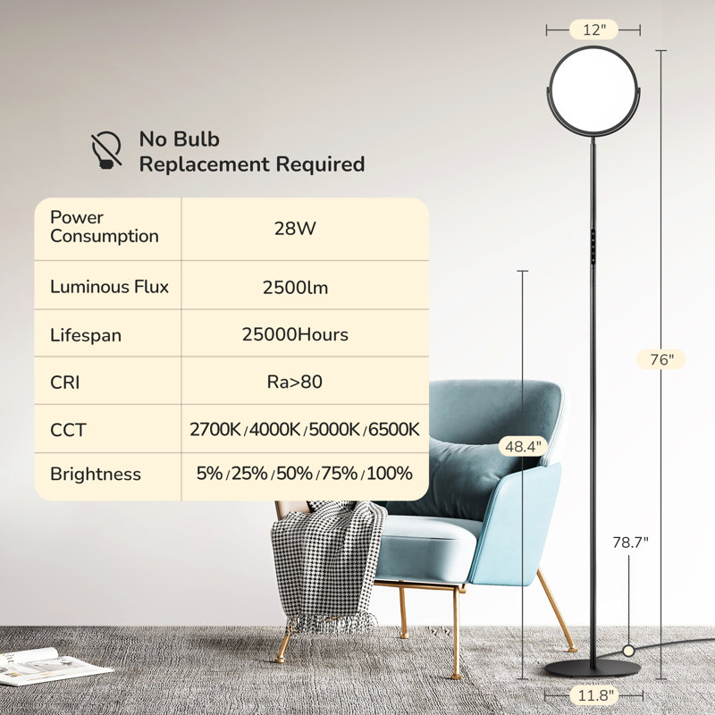 Riehl 76" Dimmable Led Torchiere Floor Lamp With Remote Control, Black