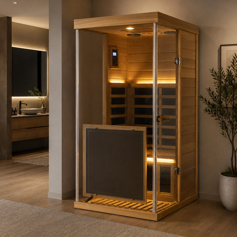 Wizzisaunas 1-Person Far Infrared Wooden Sauna For Home, With 3-Sided Tempered Glass, Red and Blue Light Therapy, Remote Temperature Control Via App, Built-In Bluetooth Speaker, Red Cedar Wood